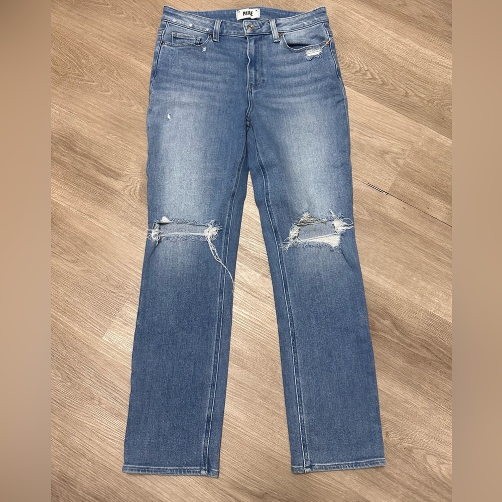 PAIGE Cindy Ripped Straight Leg Distressed Medium Wash Jeans Women's Size 29 - Picture 4 of 8